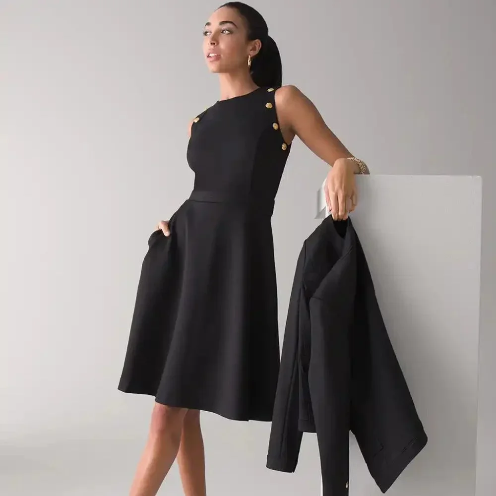 WHBM $170 POCKETS! Luxe Stretch Button Detail Fit & Flare Dress 10 14